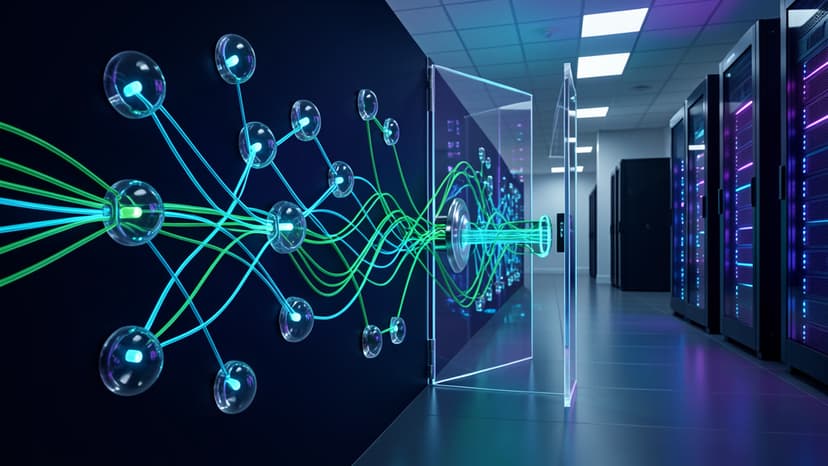 Cool-toned software supply chain paths passing through a transparent review gate before reaching sealed production systems.