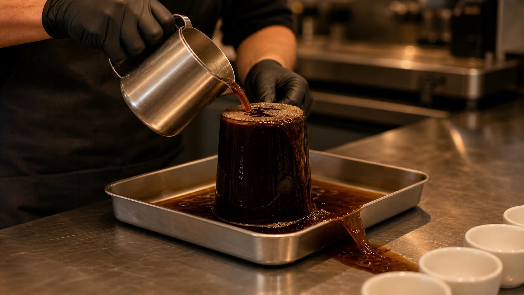 One gloved barista pours dark coffee from a metal pitcher into an overflowing clear vessel inside a shallow metal tray as coffee spills over the tray toward white cups.