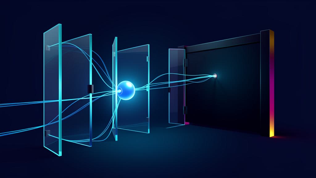 Cool-toned glass gates with a single glowing access token traced to a cutoff lever along strands of audit light.