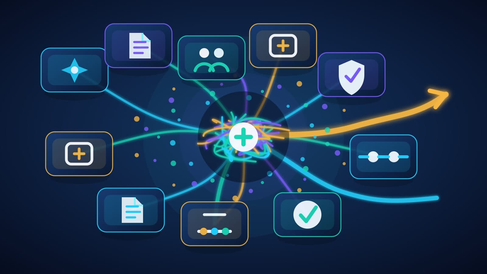 Abstract AI workflow decision map with paths, review gates, documents, and data streams converging into one clear pilot route.