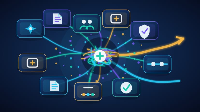 Abstract AI workflow decision map with paths, review gates, documents, and data streams converging into one clear pilot route.