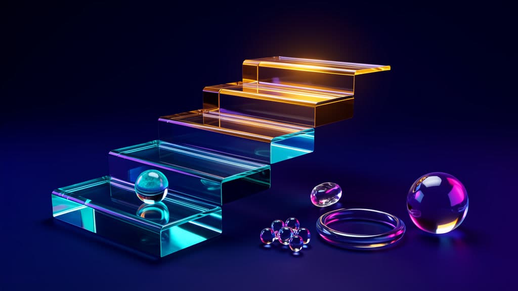 Five translucent glass steps rise from cyan to amber beside a cyan-lit glass sphere, a clear oval pebble, a cluster of small glass beads, a glass ring, and a larger violet sphere.