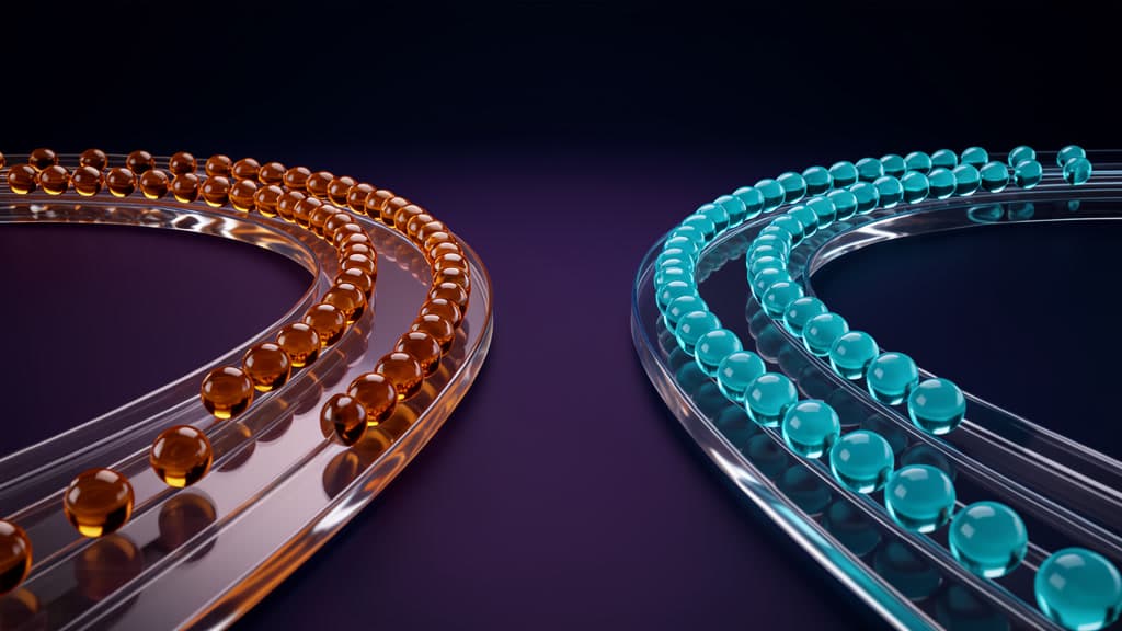 Amber and cyan glass beads travel toward each other on separate transparent curved tracks against a dark background.