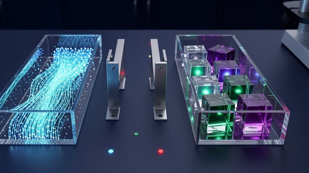 Two glass observability lanes show infrastructure signal fibers and quality sample cubes for a production AI workflow.