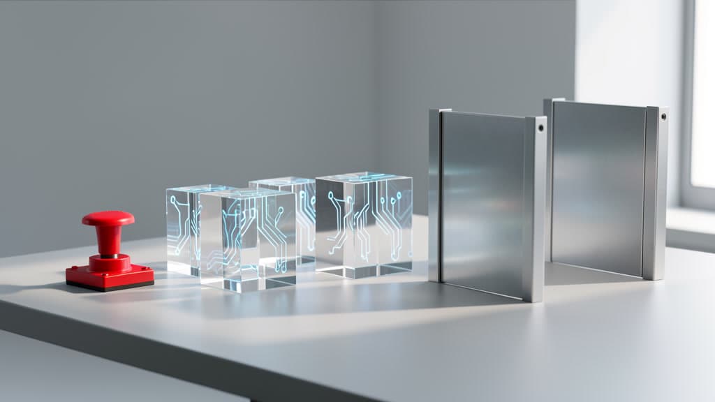 A red stop lever, glass AI modules, and blank physical gates representing an AI signal register for business operators.