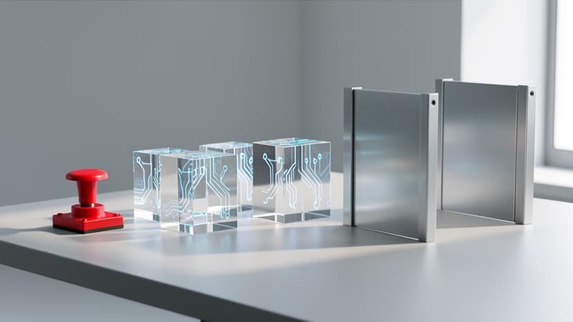 A red stop lever, glass AI modules, and blank physical gates representing an AI signal register for business operators.