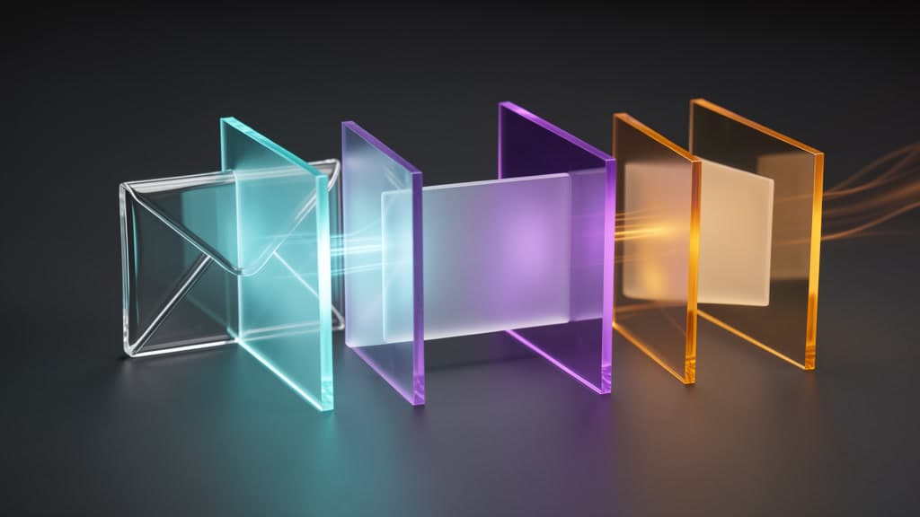 A blank glass message passes through translucent cyan, violet, and amber security gates on a dark surface, suggesting behavior checks before delivery.