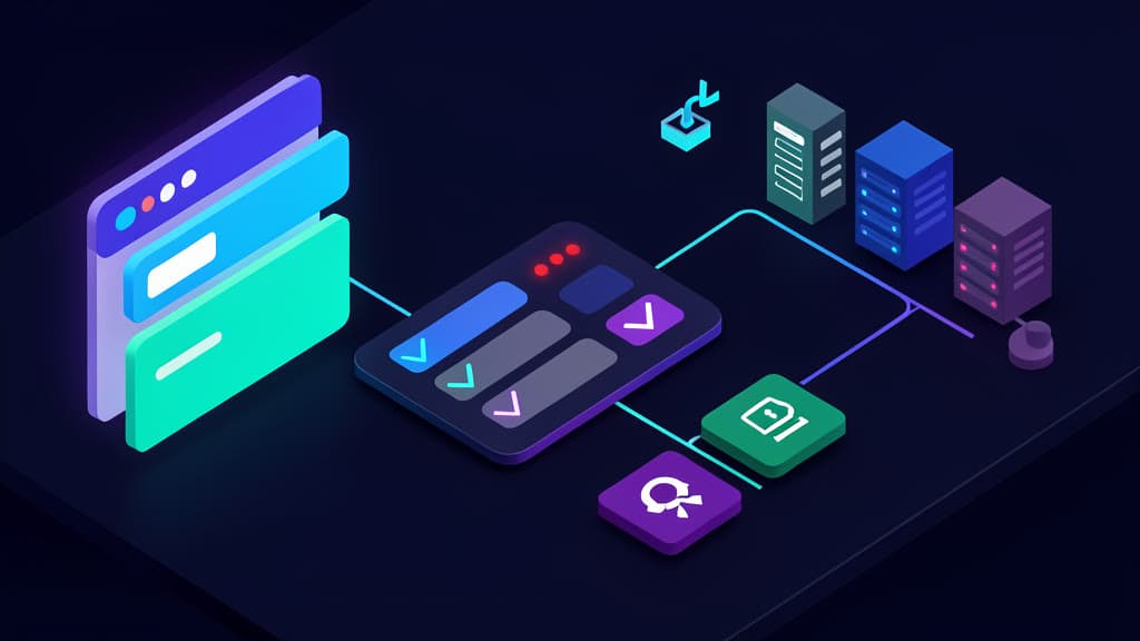 Cool-toned software review bench with blank evidence cards, approval controls, and abstract deployment server blocks.