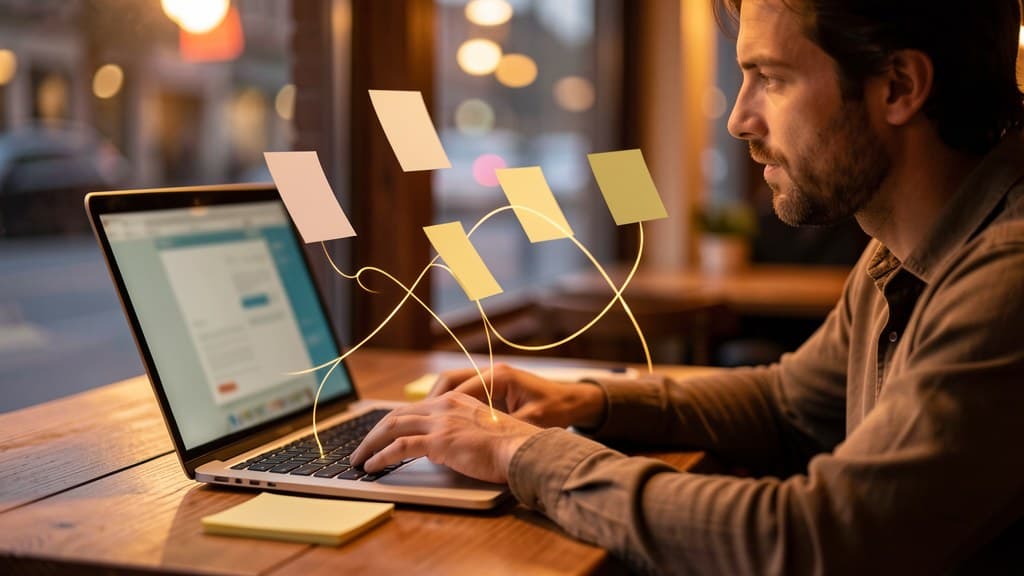 A small business owner reviewing website and workflow notes beside a laptop, with glowing connections suggesting AI search discovery.