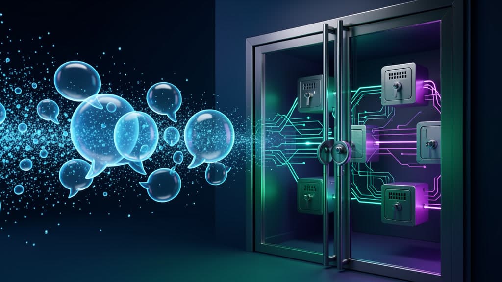 Cool-toned security vault where abstract support chat bubbles stop before protected identity records and credential reset controls.