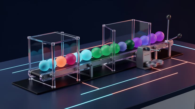 Transparent workflow test track with unmarked colored state tokens moving through fault gates.