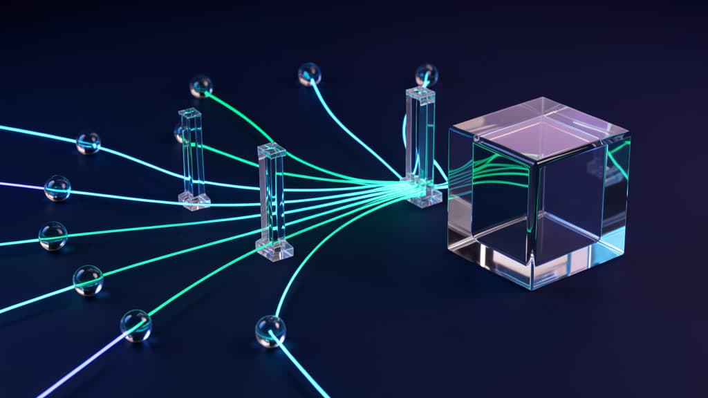 Glowing workflow paths converge through checkpoints into a glass audit cube.