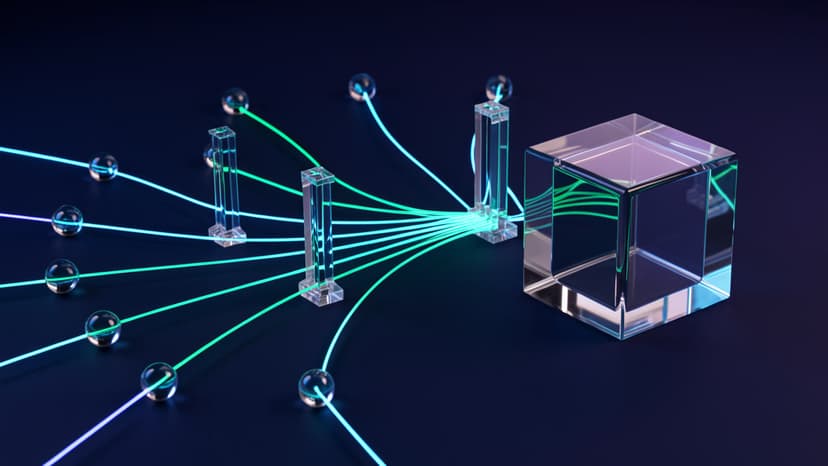 Glowing workflow paths converge through checkpoints into a glass audit cube.
