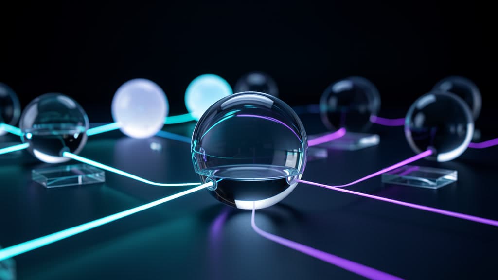 Translucent glass workflow nodes connected by cyan and violet light paths, with a central paused node holding the automation state while the surrounding steps wait.