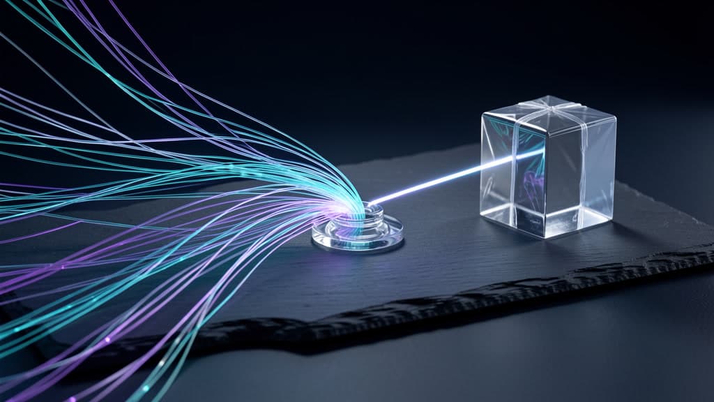 Many glowing glass fibers from separate sources feed into one quiet central hub, then leave by a single clean outbound path toward a blank package.