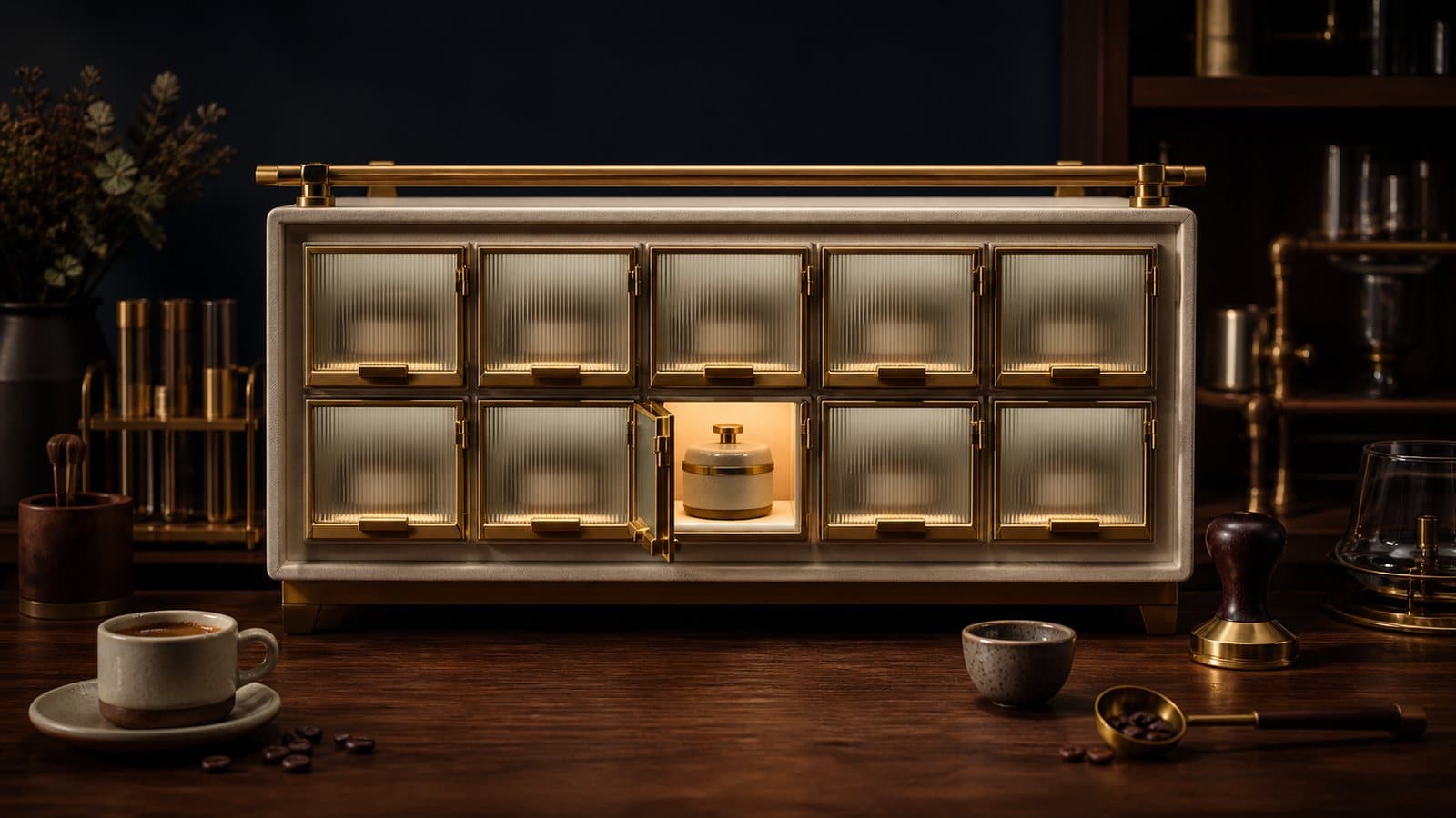 A brass and ceramic cabinet has nine frosted shutters closed while one center shutter is open around an illuminated ceramic container.