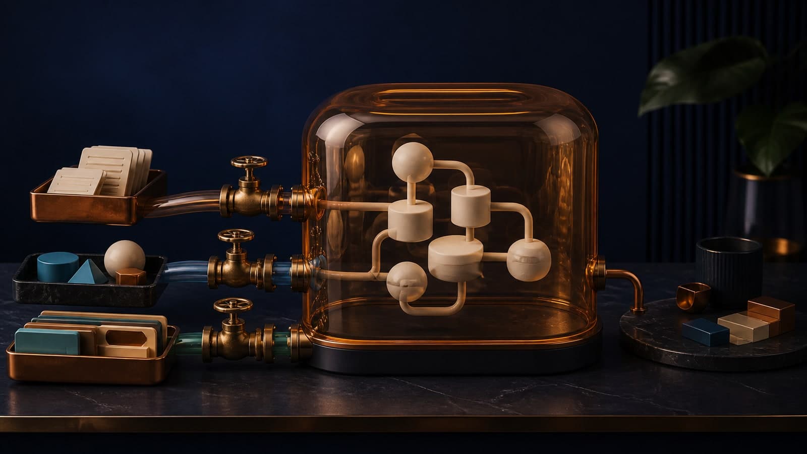 An amber glass enclosure contains connected ceramic workflow nodes while three brass valves control channels entering from document trays outside.