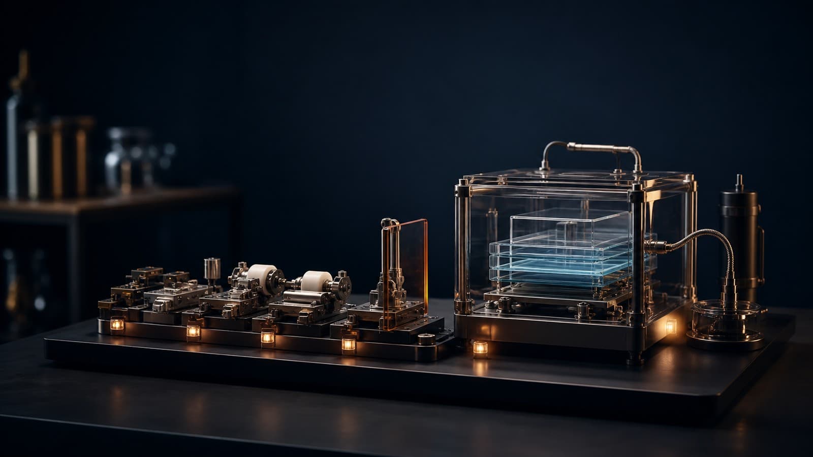 A transparent browser-like glass chamber connects to a separate sequence of mechanical action modules and an amber stop gate on a dark engineering bench.
