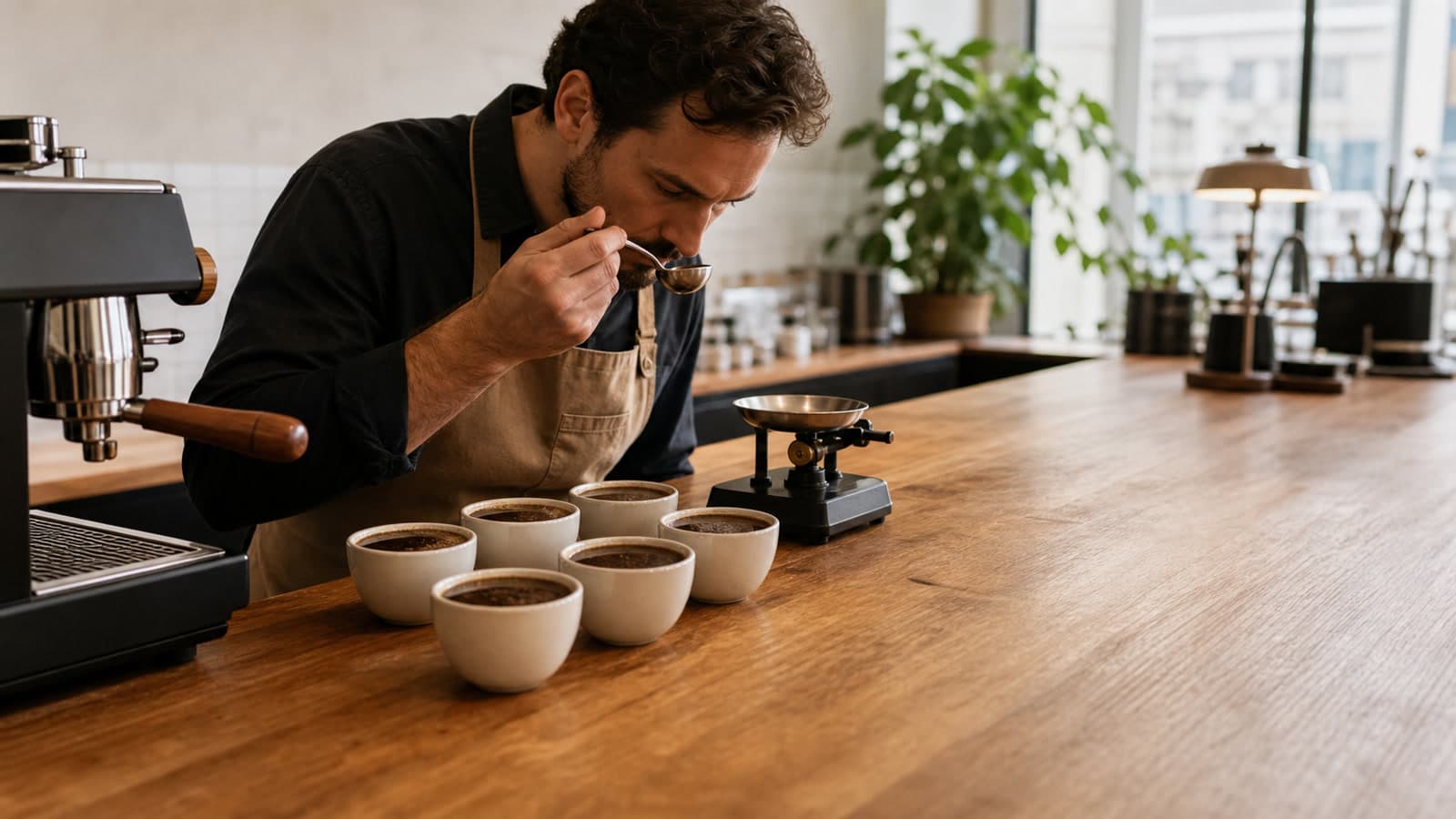 A barista tastes coffee from a spoon beside six ceramic cupping bowls, an espresso machine, and an analog scale on a long wooden workbench.