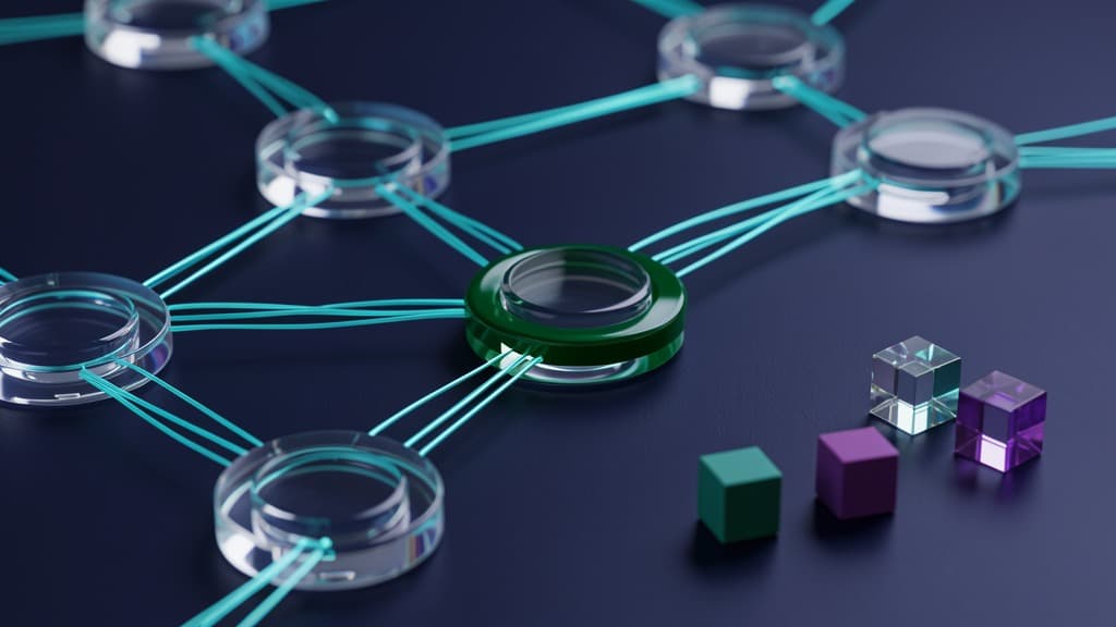 Glass workflow nodes connected by light trails show a state transition review with one node held inside a review gate.