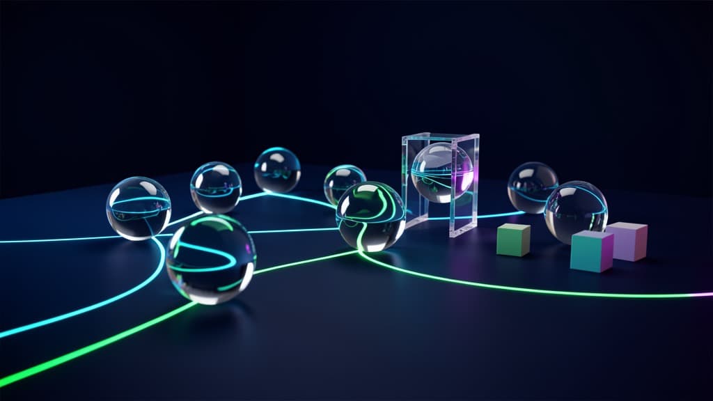 Cool-toned glass workflow nodes connected by light trails, with one node paused inside a review gate.