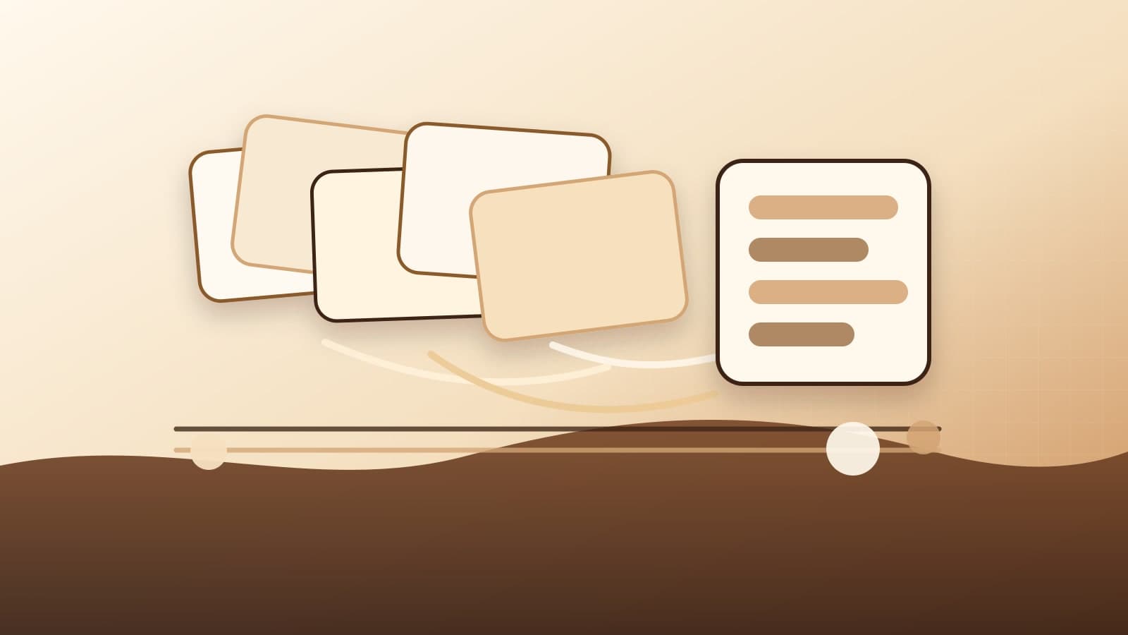 Warm editorial workbench with paper artifacts flowing into organized library shelves.