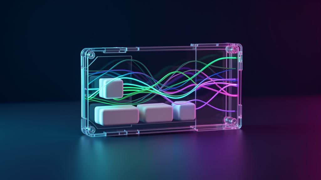A translucent glass cassette cartridge on a dark studio table, holding glowing path threads, blank action blocks, and network trace ribbons passing through a review gate, in navy, cyan, emerald, and violet.