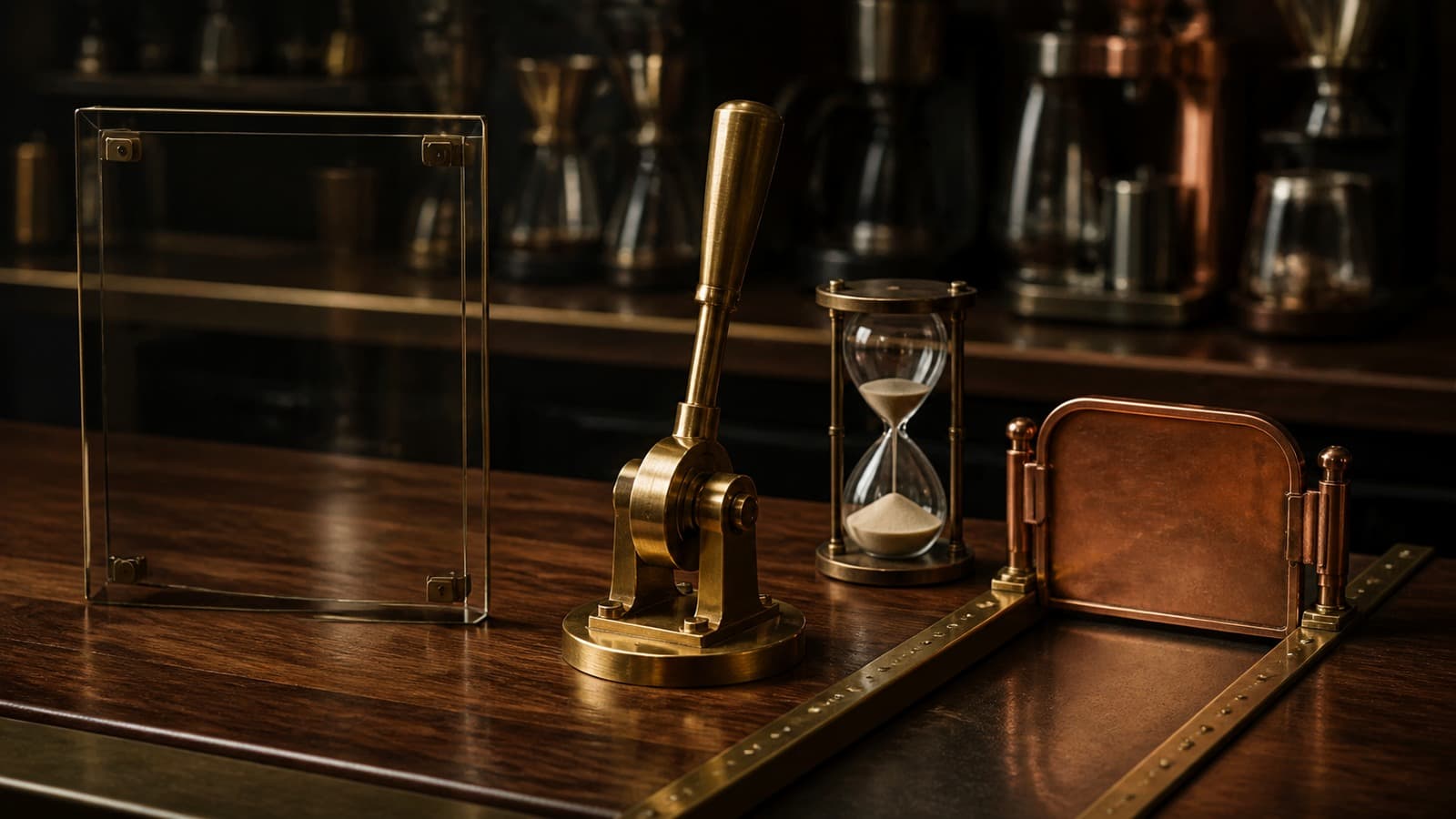 An empty brass approval lever stands between a dim browser-shaped glass frame and a closed copper gate, with an hourglass beside the lever.