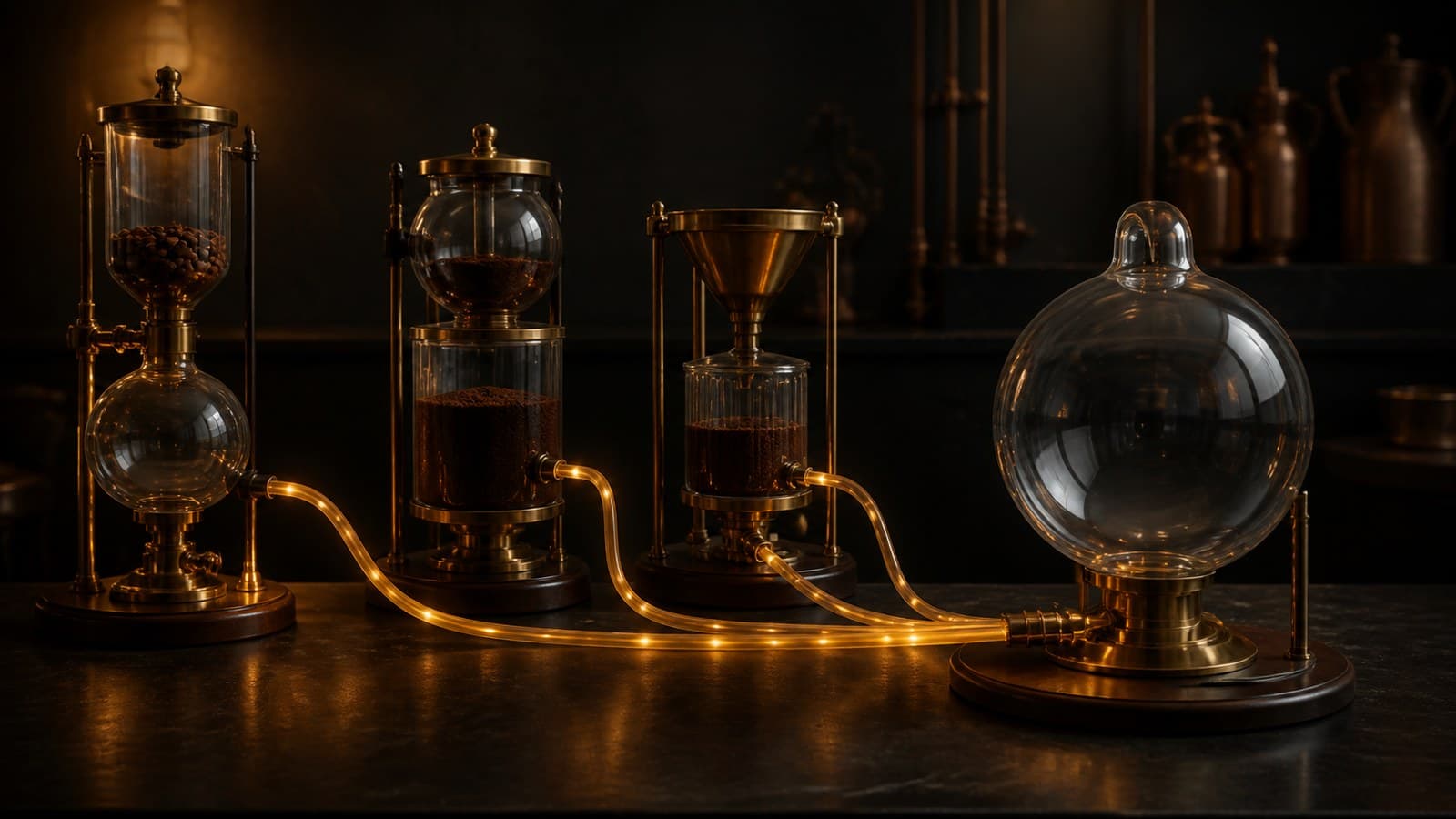 Three separate brass-and-glass laboratory instruments send thin amber light paths toward one central glass vessel in a dark workshop.