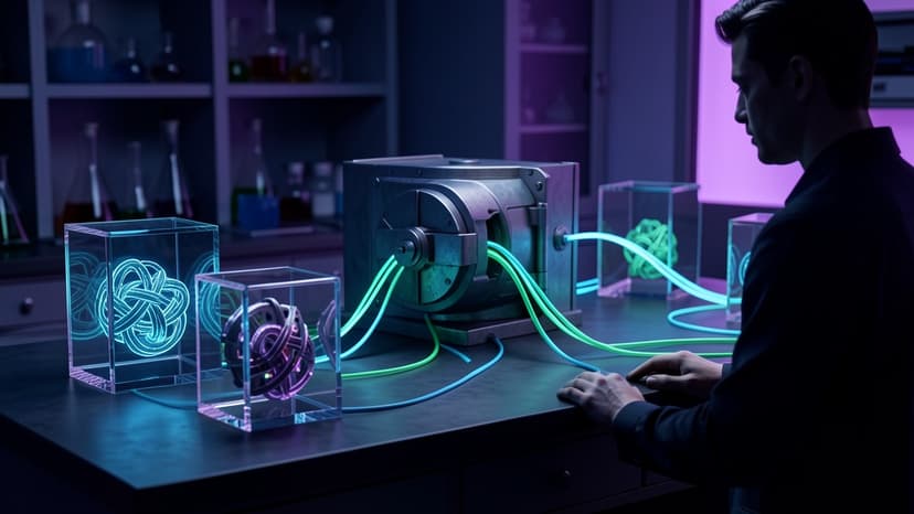 Cool-toned laboratory workbench with sealed glass test cubes, glowing trace ribbons, and a locked evaluation fixture representing AI agent regression tests.