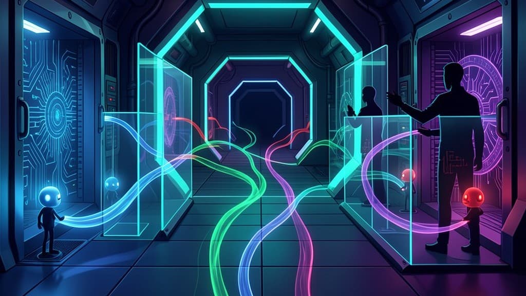 Cool-toned operations vault where abstract agent paths pass through glass governance checkpoints before reaching sealed systems.
