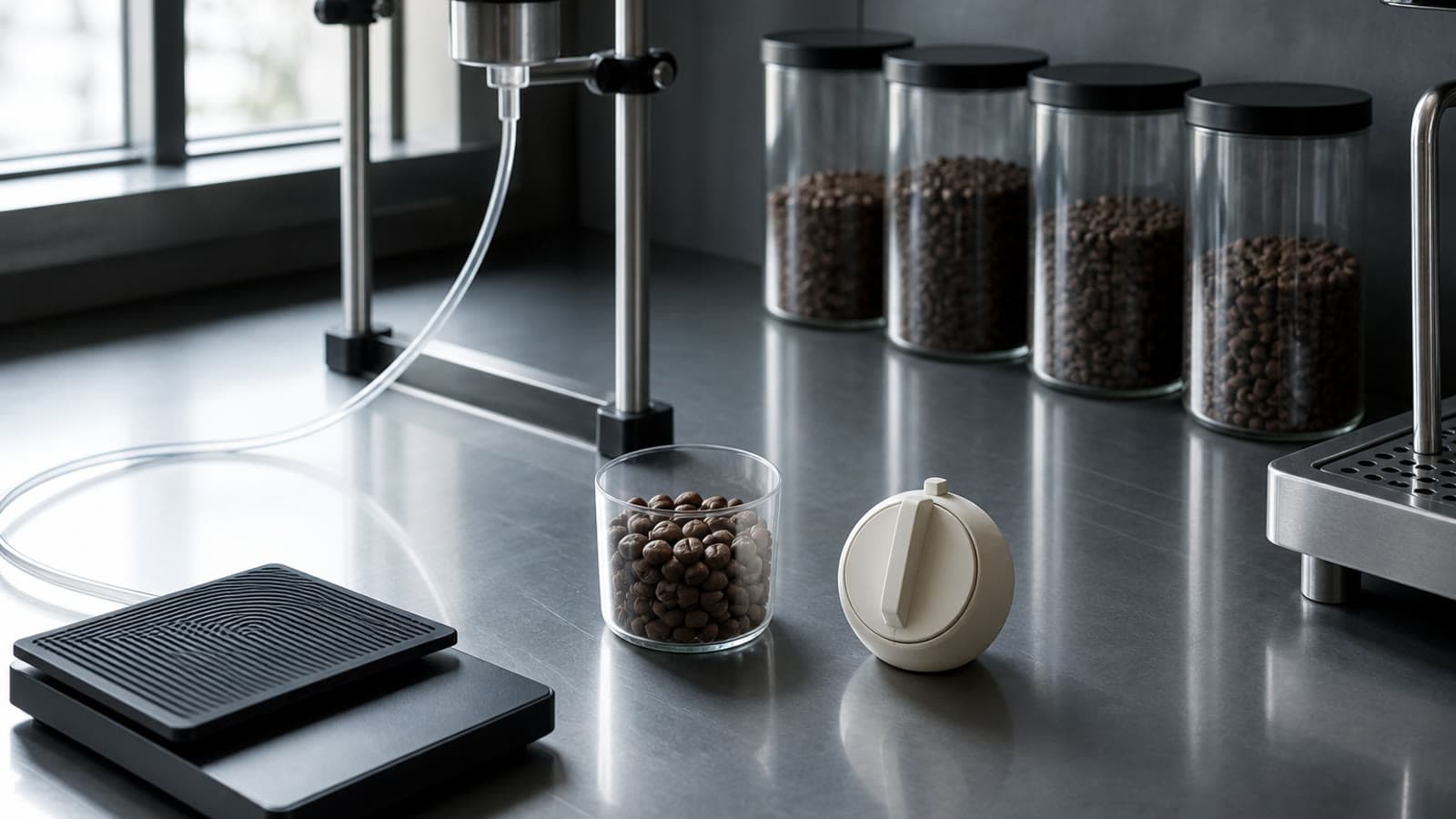 A clear container holding a limited portion of roasted seeds beside a blank mechanical timer, with four sealed storage canisters behind it.
