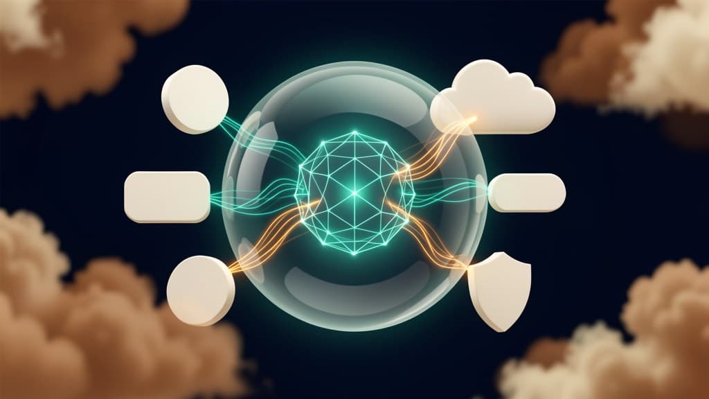 Abstract AI agent network inside a protective sphere connected to blank cloud, token, and control shapes.