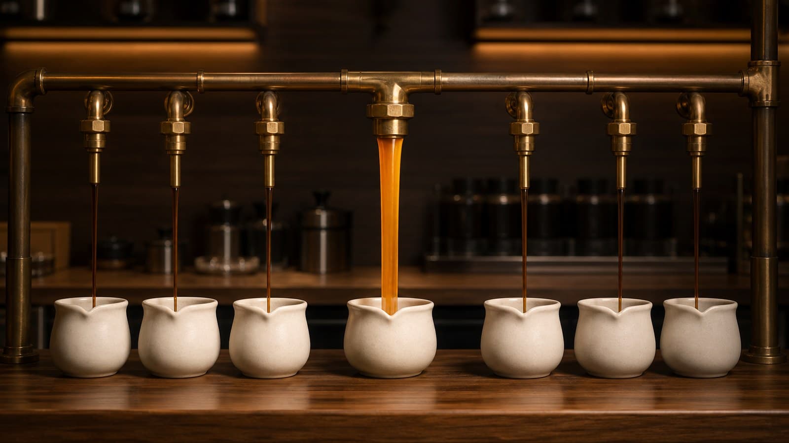 Seven cream ceramic vessels sit under separate brass spouts; the centered vessel receives a much thicker amber stream than the other six.