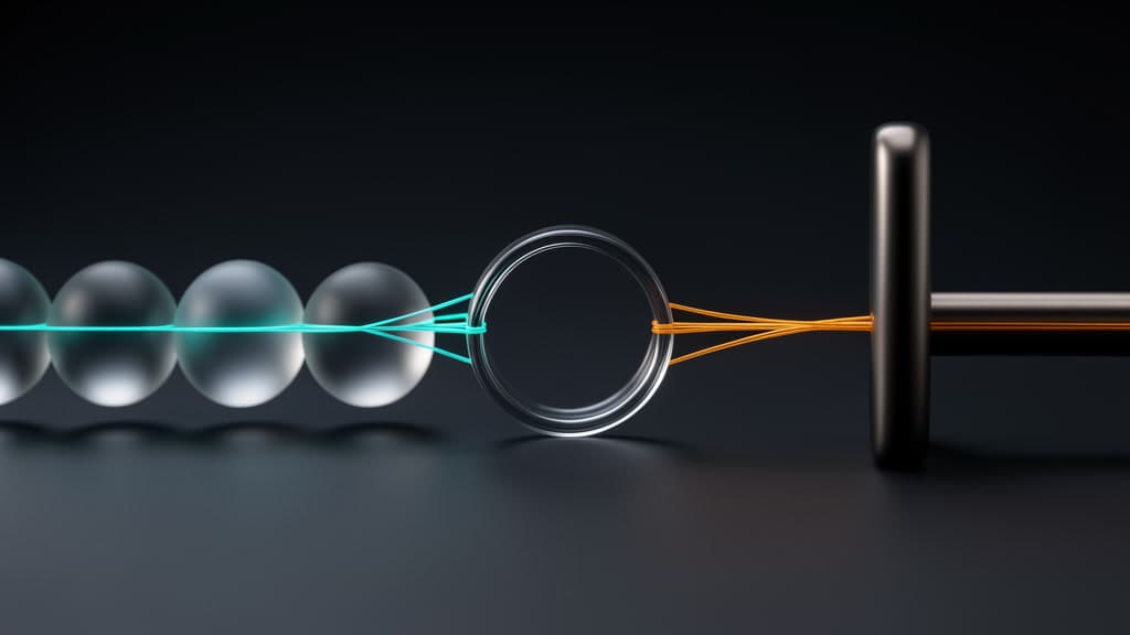 A dark studio scene with glass spheres, a clear ring, and a smooth metal baton connected by cyan and amber light threads to suggest a textless AI vendor handoff.