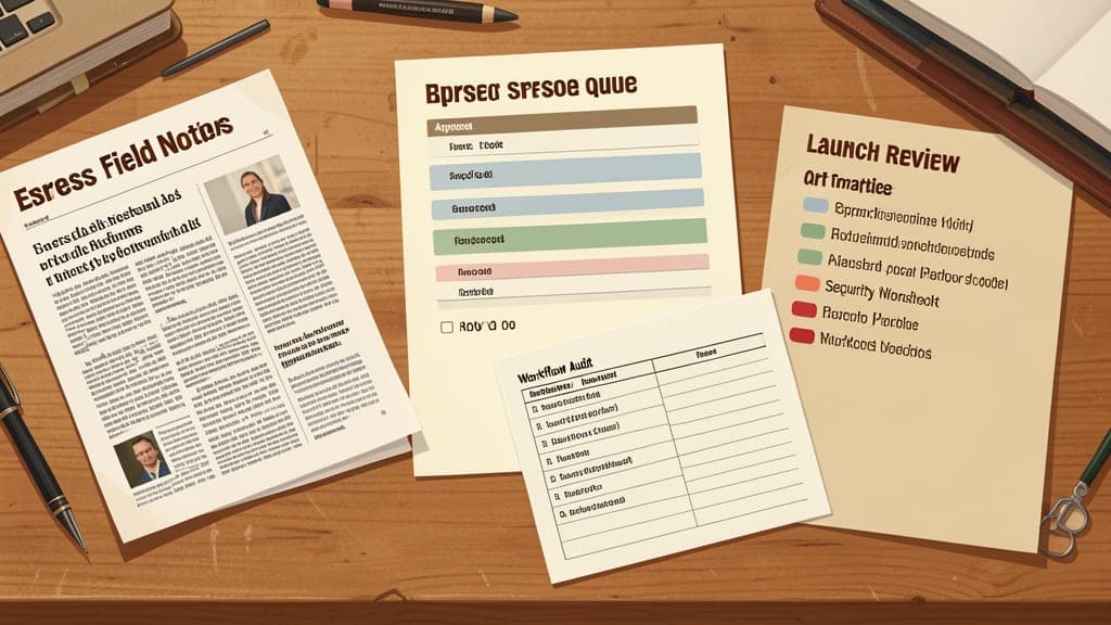 Editorial workbench with AI news notes being organized into approval queues, receipts, workflow audits, security worksheets, and launch review packets.