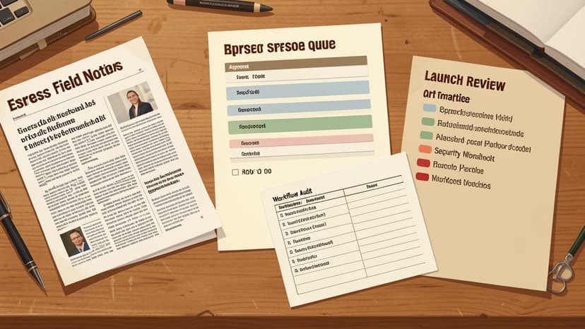 Editorial workbench with AI news notes being organized into approval queues, receipts, workflow audits, security worksheets, and launch review packets.