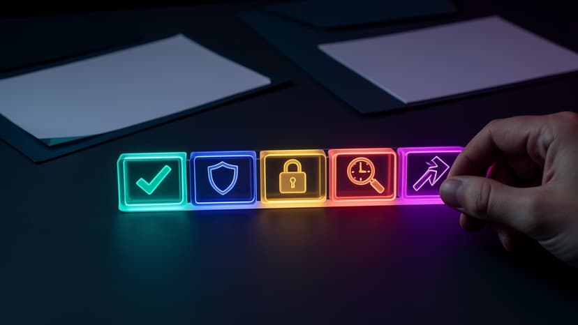 Operator workbench with blank receipts, colorful approval queue tiles, workflow control icons, and a rollback marker.