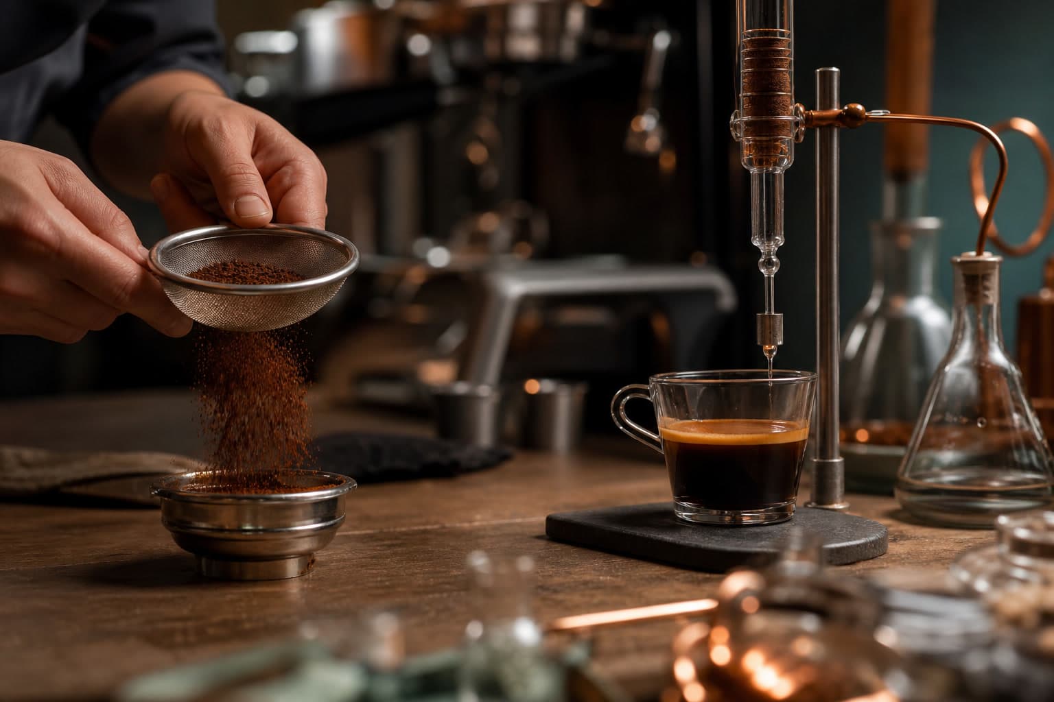 A barista sifts coffee grounds into a metal filter basket while a finished espresso sits beneath a glass pipette on a laboratory stand.