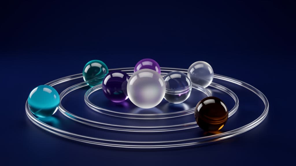 Cyan, violet, clear, and amber glass spheres rest among concentric glass rings on a dark blue surface.