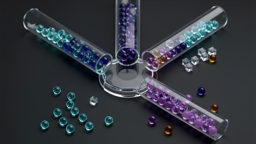 Clear glass channels filled with cyan, violet, and amber beads converge into a central hub on a dark studio surface.