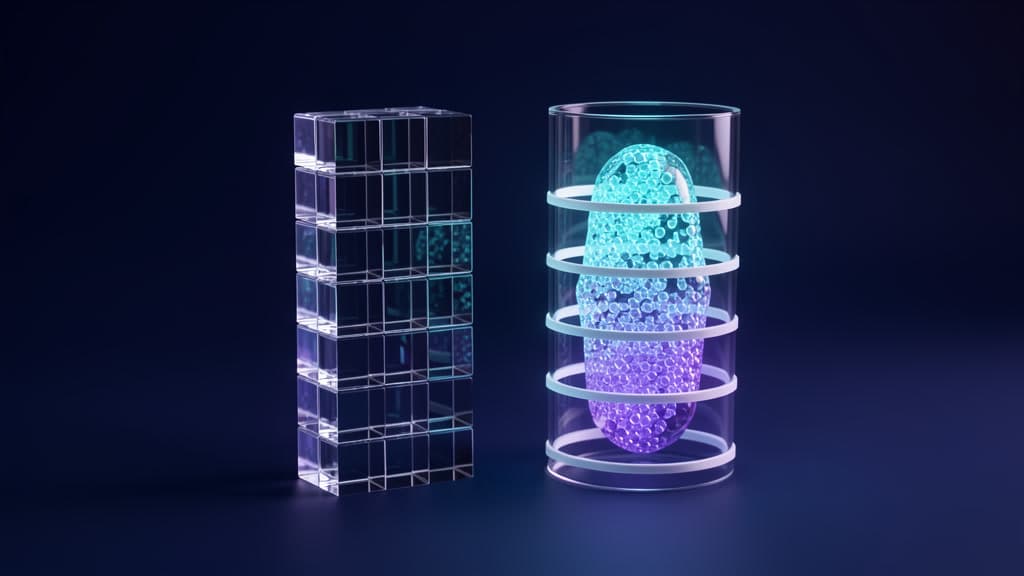 Two translucent glass tally columns rising side by side on a dark surface, one built from precise stacked cubes and the other from a single softly glowing irregular capsule, with faint batch-grouping rings visible behind the capsule column.