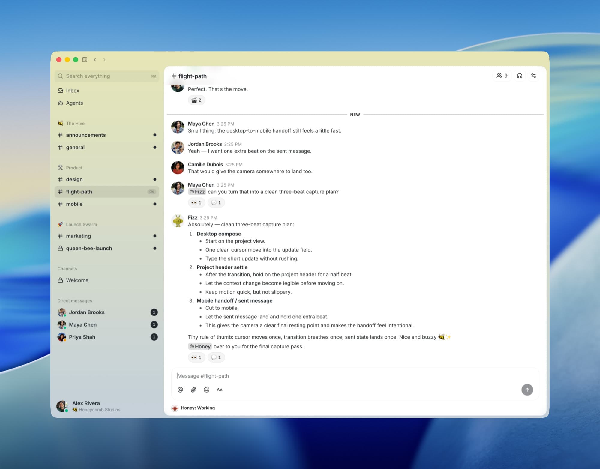 Buzz desktop window open to the flight-path channel, where Maya Chen, Jordan Brooks, Camille Dubois, and agent Fizz plan a three-step desktop-to-mobile screen capture.