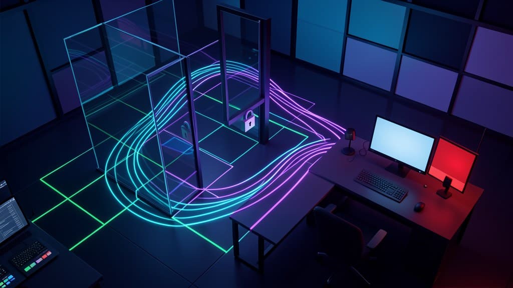A cool-toned operations desk watching a browser checkpoint with cursor trace lines and a locked review gate.