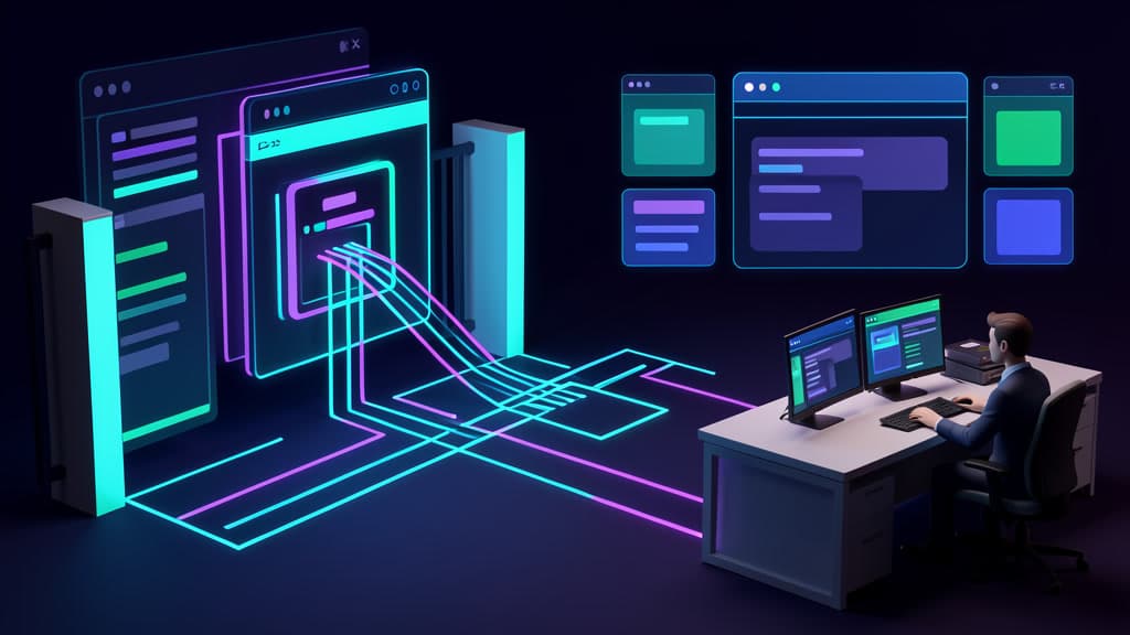 Cool toned editorial illustration of AI browser workflow paths reaching a security checkpoint while a human operator monitors a handoff lane.