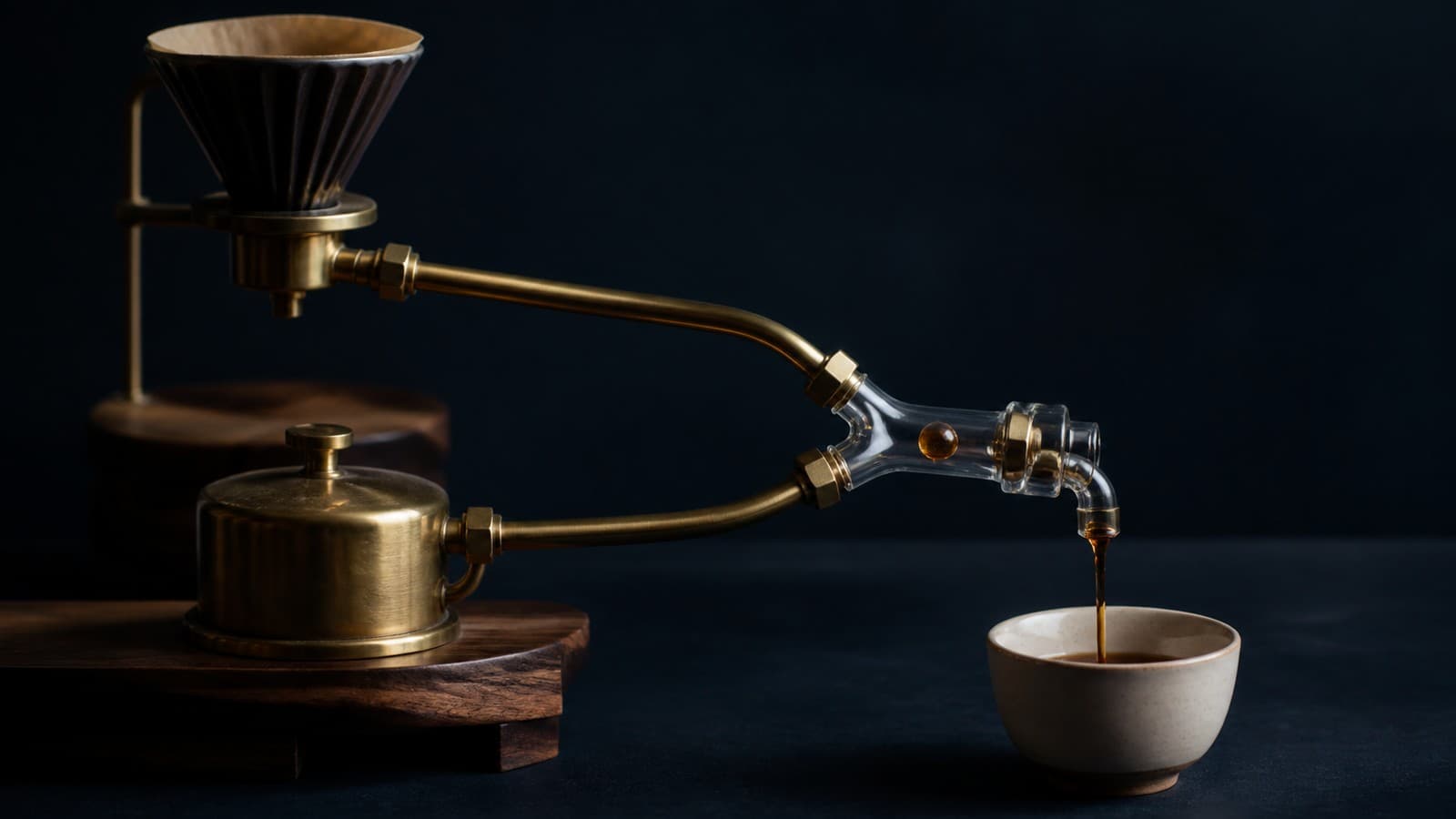 A fluted dark funnel and a sealed brass vessel connect through separate pipes to one glass junction above a ceramic bowl.