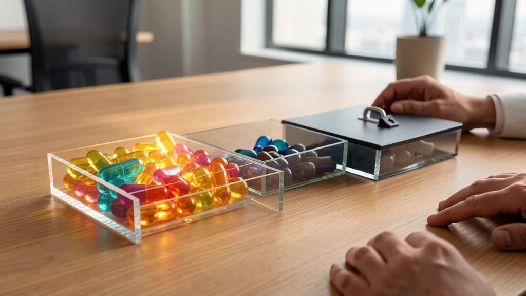 Colorful memory capsules sorted into clear glass trays, including an approved tray, an archive tray, and a locked tray.