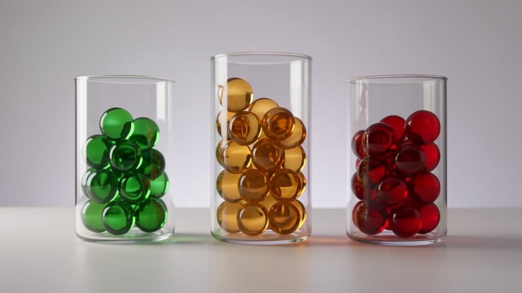 Three clear vessels hold green, amber, and red glass spheres, representing information approved for memory, held for review, and locked away from retention.