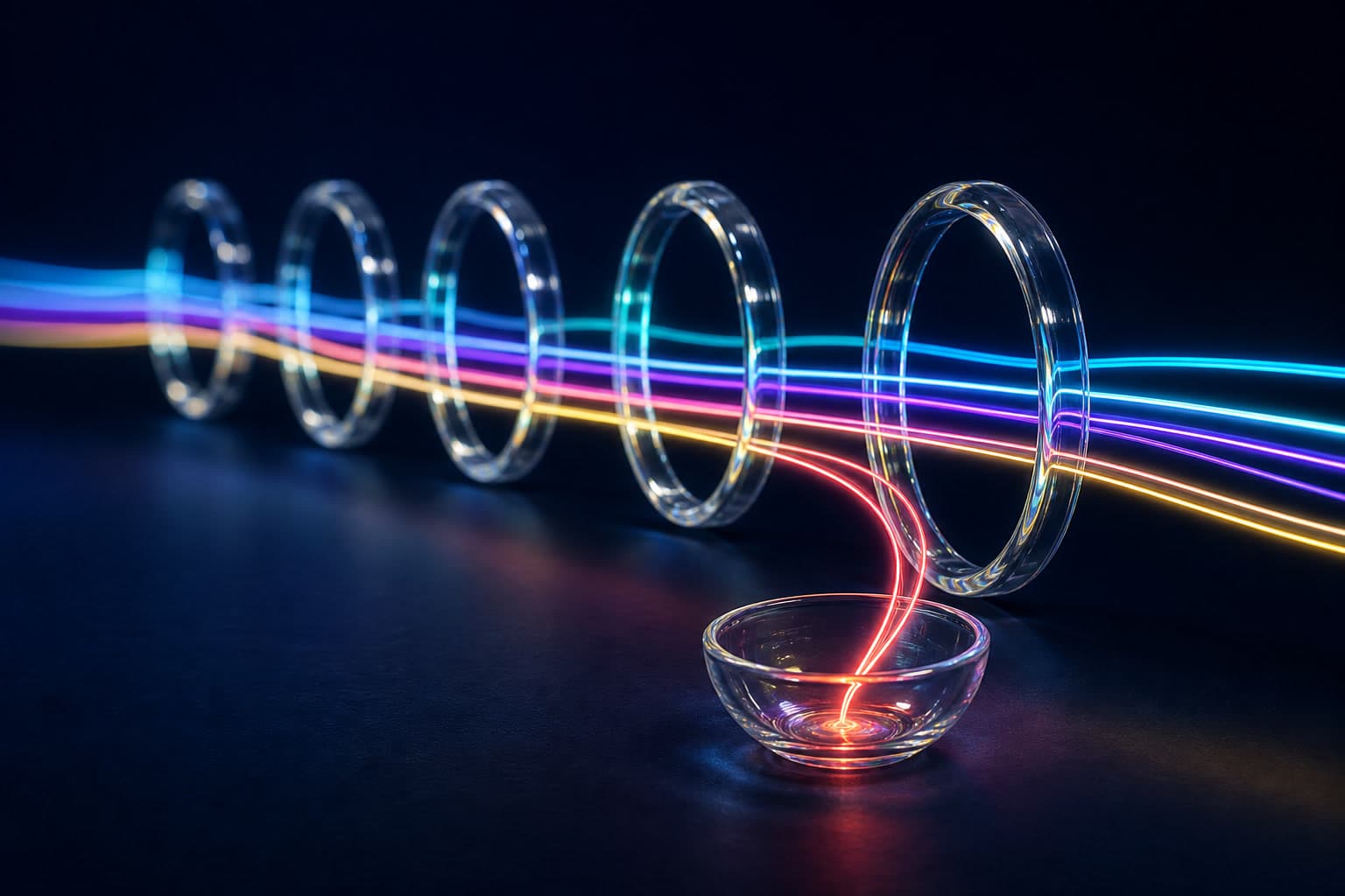 Clear glass rings guide cyan, violet, amber, and red light paths, with the red path diverted into a glass bowl.