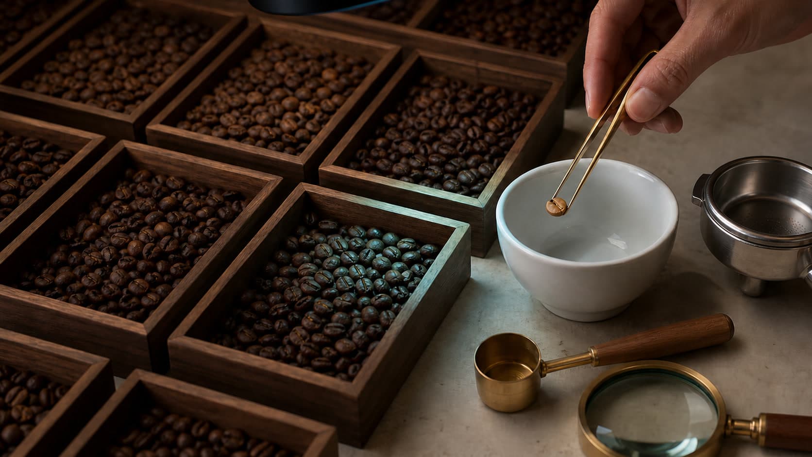 A hand holds a light tan, creased defective coffee bean above a white cupping bowl with surrounding walnut bean trays and plain coffee-quality tools.